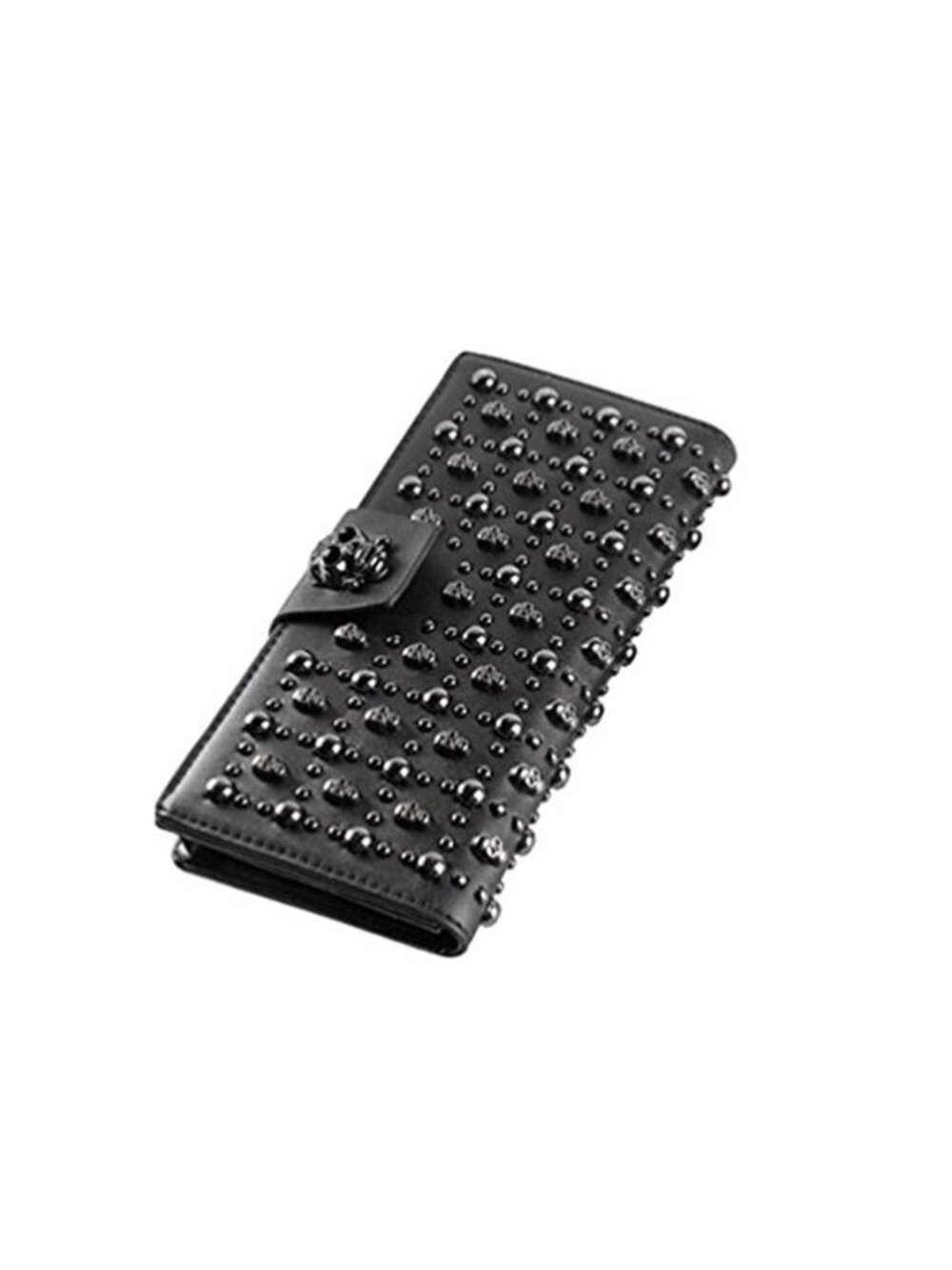 New Women's Black Long Skull Studded Purses Genuine Leather Card Holder